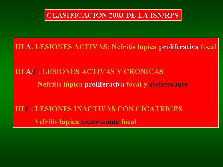 CLASIFICACIÓN 2003 DE LA ISN/RPS III A. LESIONES ACTIVAS: Nefritis lúpica proliferativa focal III