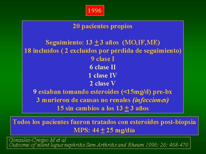 1996 20 pacientes propios Seguimiento: 13 + 3 años (MO, IF, ME) 18 incluídos