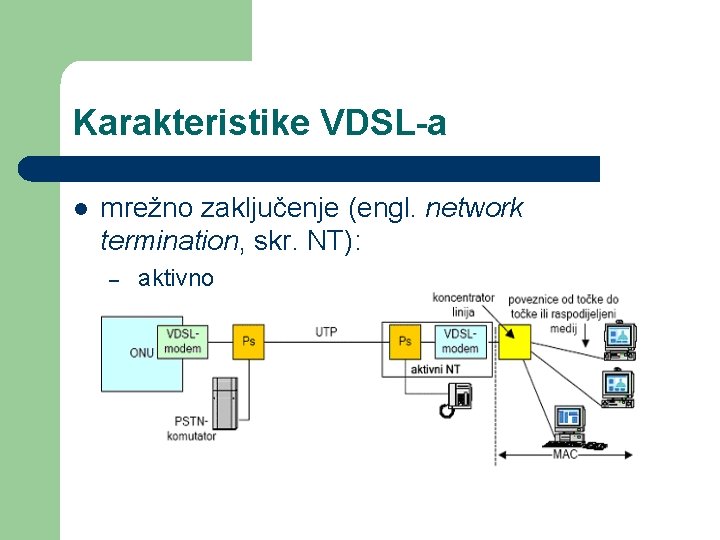 Karakteristike VDSL-a l mrežno zaključenje (engl. network termination, skr. NT): – aktivno 