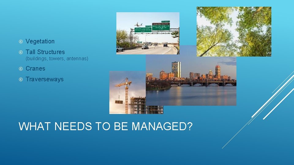  Vegetation Tall Structures (buildings, towers, antennas) Cranes Traverseways WHAT NEEDS TO BE MANAGED?