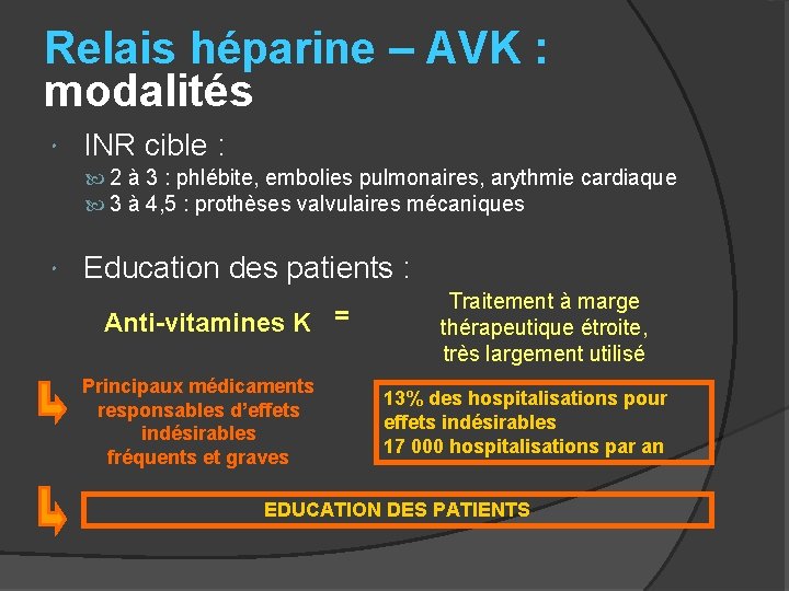 Relais héparine – AVK : modalités INR cible : 2 à 3 : phlébite,