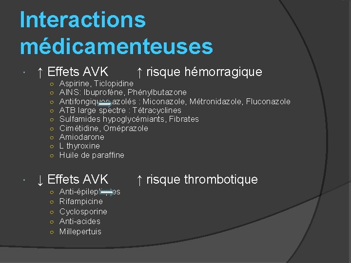 Interactions médicamenteuses ↑ Effets AVK ↑ risque hémorragique ○ ○ ○ ○ ○ Aspirine,