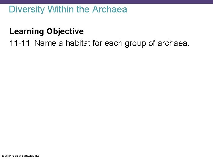 Diversity Within the Archaea Learning Objective 11 -11 Name a habitat for each group