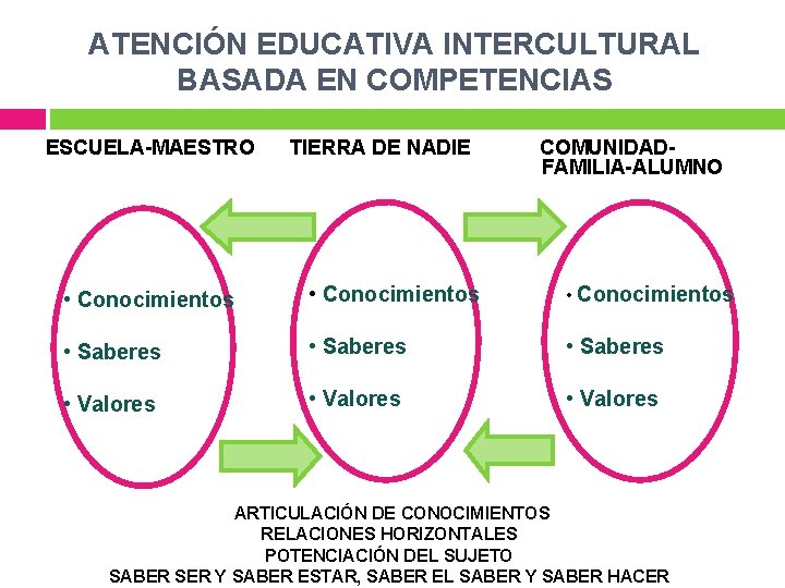 ATENCIÓN EDUCATIVA INTERCULTURAL BASADA EN COMPETENCIAS ESCUELA-MAESTRO TIERRA DE NADIE COMUNIDADFAMILIA-ALUMNO • Conocimientos •