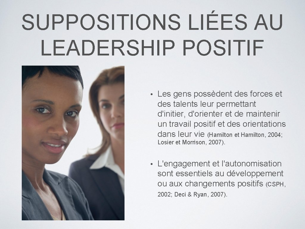 SUPPOSITIONS LIÉES AU LEADERSHIP POSITIF • Les gens possèdent des forces et des talents