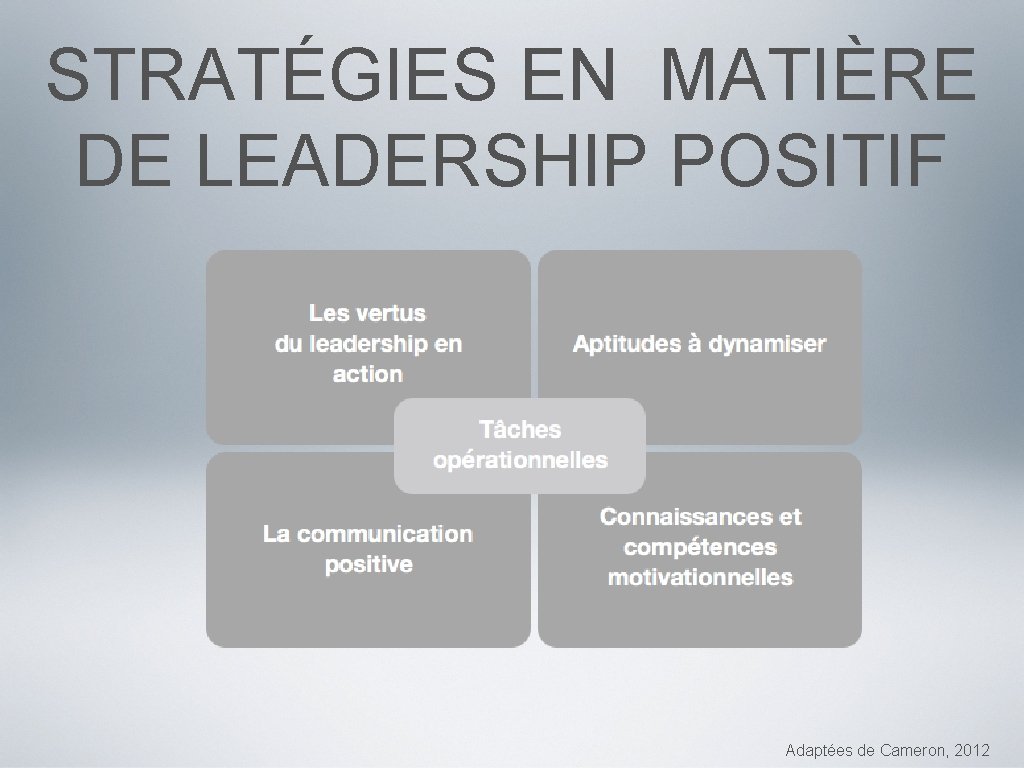 STRATÉGIES EN MATIÈRE DE LEADERSHIP POSITIF Adaptées de Cameron, 2012 