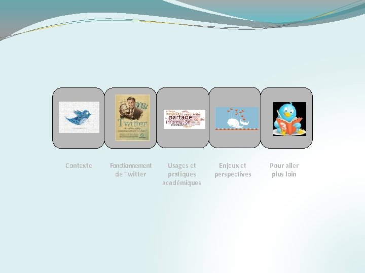 Contexte Fonctionnement de Twitter Usages et pratiques académiques Enjeux et perspectives Pour aller plus