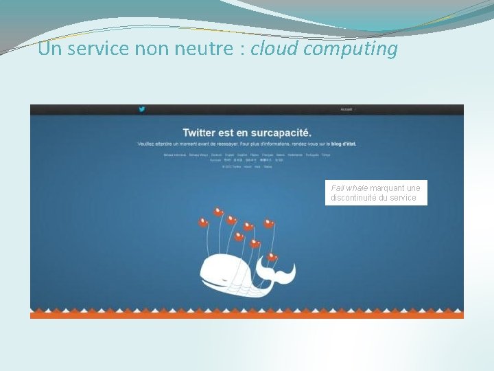 Un service non neutre : cloud computing Fail whale marquant une discontinuité du service