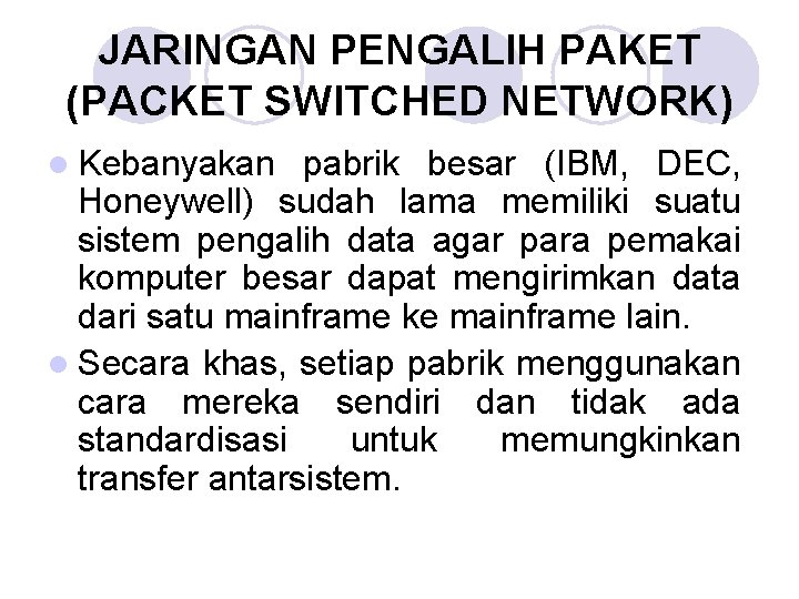 JARINGAN PENGALIH PAKET (PACKET SWITCHED NETWORK) l Kebanyakan pabrik besar (IBM, DEC, Honeywell) sudah