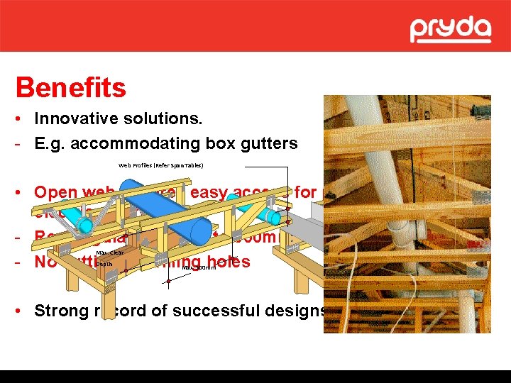 Benefits • Innovative solutions. - E. g. accommodating box gutters Web Profiles (Refer Span