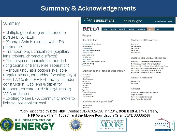 Summary & Acknowledgements bella. lbl. gov Summary • Multiple global programs funded to pursue