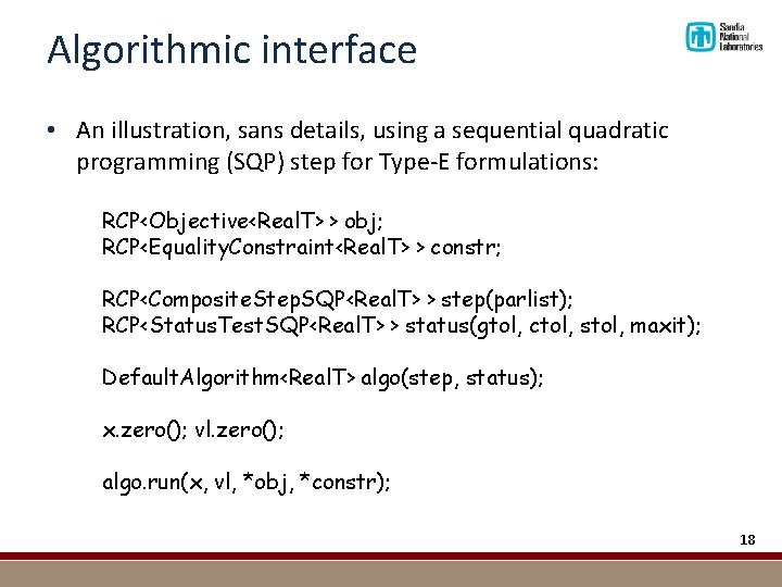 Algorithmic interface • An illustration, sans details, using a sequential quadratic programming (SQP) step