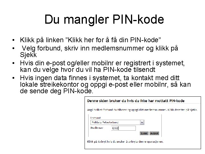 Du mangler PIN-kode • Klikk på linken ”Klikk her for å få din PIN-kode”