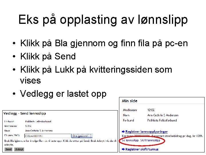 Eks på opplasting av lønnslipp • Klikk på Bla gjennom og finn fila på