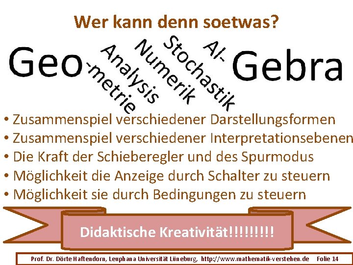 Wer kann denn soetwas? • Zusammenspiel verschiedener Darstellungsformen • Zusammenspiel verschiedener Interpretationsebenen • Die