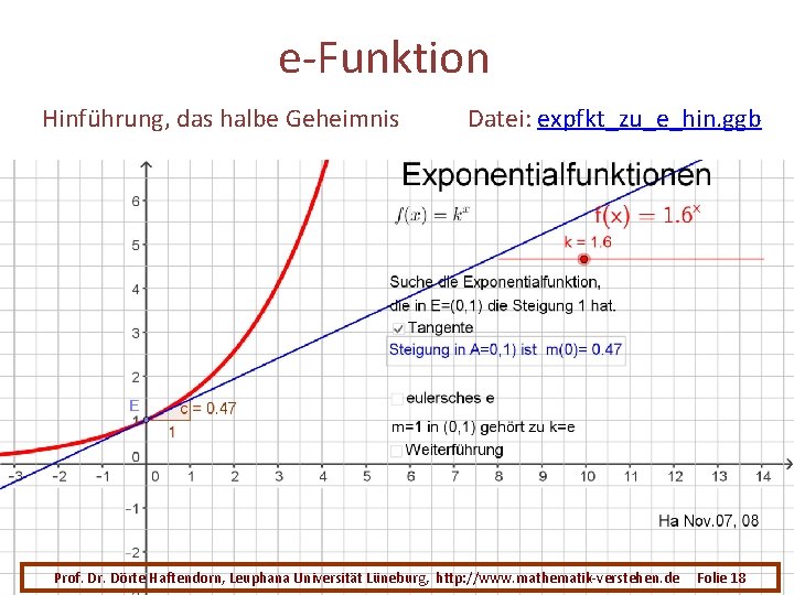 e-Funktion Hinführung, das halbe Geheimnis Datei: expfkt_zu_e_hin. ggb Prof. Dr. Dörte Haftendorn, Leuphana Universität