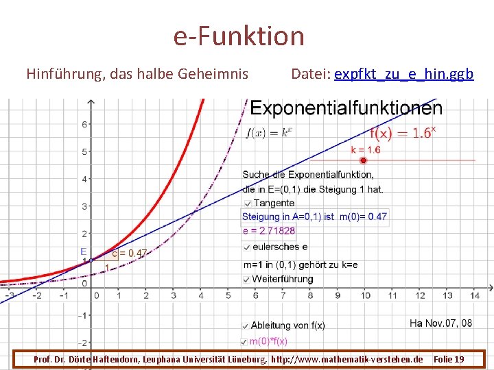 e-Funktion Hinführung, das halbe Geheimnis Datei: expfkt_zu_e_hin. ggb Prof. Dr. Dörte Haftendorn, Leuphana Universität