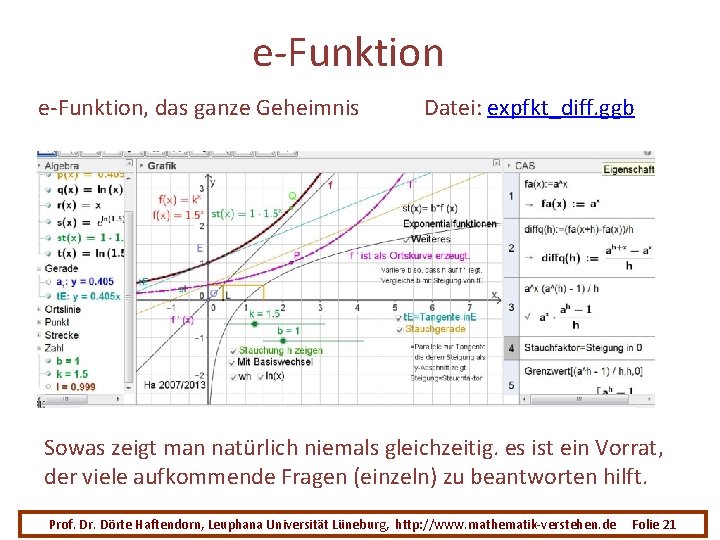 e-Funktion, das ganze Geheimnis Datei: expfkt_diff. ggb Sowas zeigt man natürlich niemals gleichzeitig. es