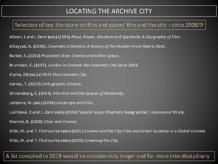 LOCATING THE ARCHIVE CITY Selection of key literature on film and space/ film and