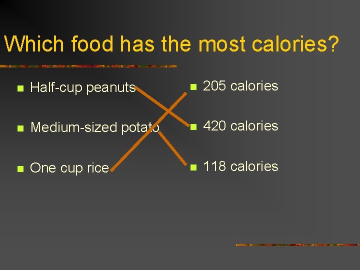 Which food has the most calories? n Half-cup peanuts n 205 calories n Medium-sized