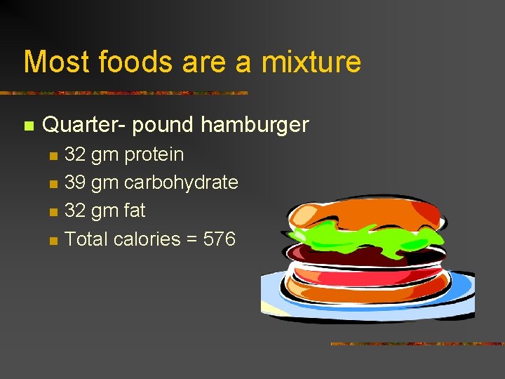 Most foods are a mixture n Quarter- pound hamburger n n 32 gm protein