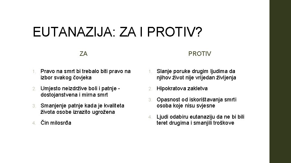 EUTANAZIJA: ZA I PROTIV? ZA PROTIV 1. Pravo na smrt bi trebalo biti pravo