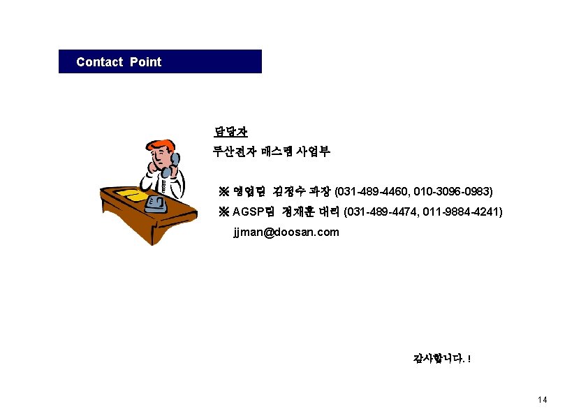 Contact Point 담당자 두산전자 매스램 사업부 ※ 영업팀 김정수 과장 (031 -489 -4460, 010