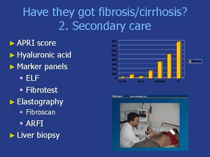 Have they got fibrosis/cirrhosis? 2. Secondary care ► APRI score ► Hyaluronic acid ►