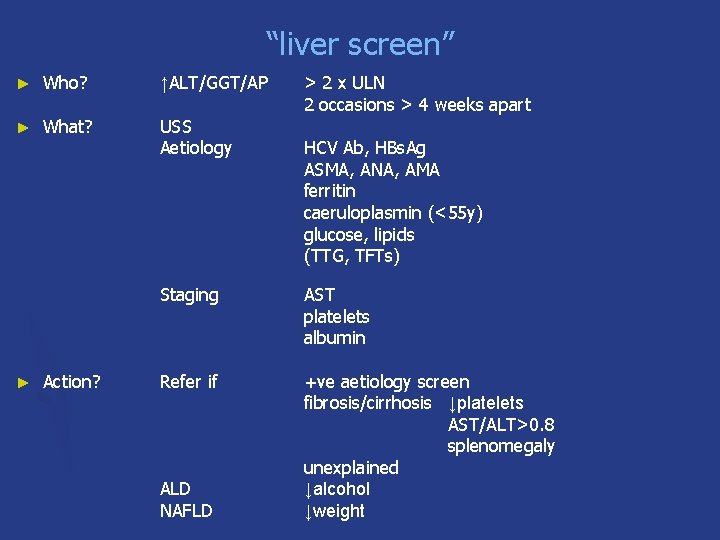 “liver screen” ► Who? ↑ALT/GGT/AP ► What? USS Aetiology ► Action? > 2 x