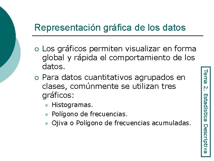 Representación gráfica de los datos ¡ l l l Histogramas. Polígono de frecuencias. Ojiva