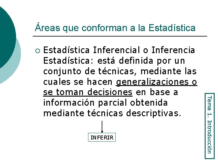 Áreas que conforman a la Estadística ¡ INFERIR Tema 1. Introducción Estadística Inferencial o