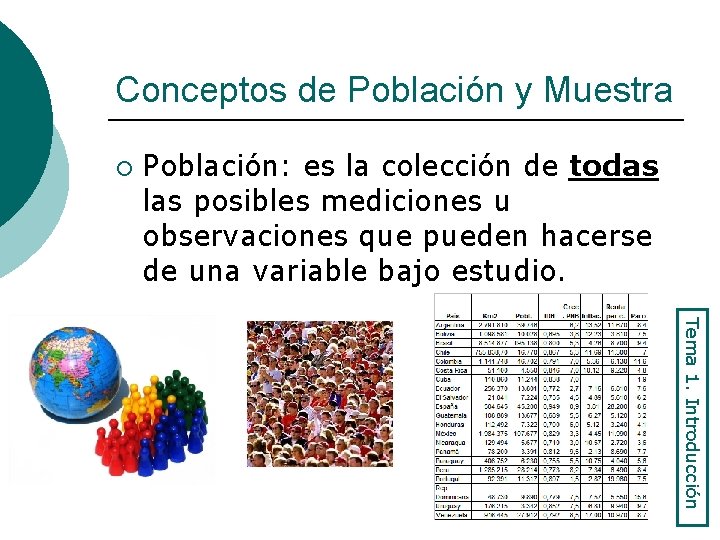 Conceptos de Población y Muestra ¡ Población: es la colección de todas las posibles