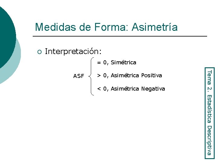 Medidas de Forma: Asimetría o Interpretación: = 0, Simétrica > 0, Asimétrica Positiva <