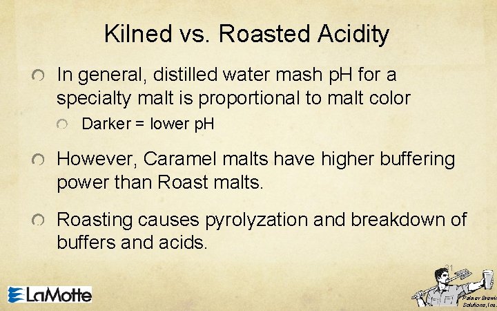 Kilned vs. Roasted Acidity In general, distilled water mash p. H for a specialty