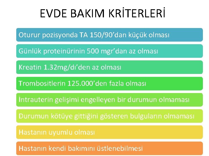 EVDE BAKIM KRİTERLERİ Oturur pozisyonda TA 150/90’dan küçük olması Günlük proteinürinin 500 mgr’dan az