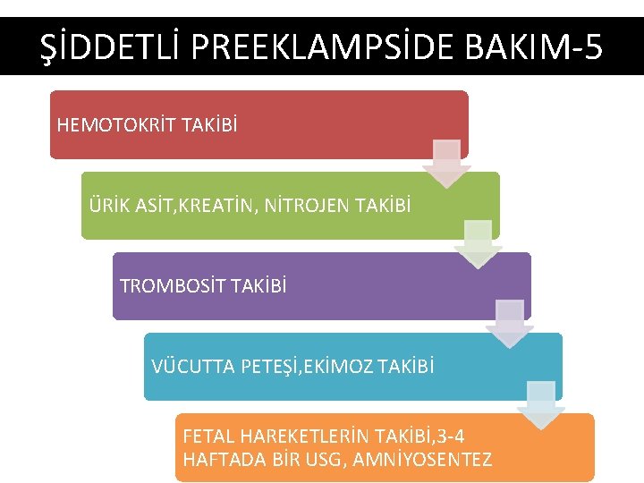 ŞİDDETLİ PREEKLAMPSİDE BAKIM-5 HEMOTOKRİT TAKİBİ ÜRİK ASİT, KREATİN, NİTROJEN TAKİBİ TROMBOSİT TAKİBİ VÜCUTTA PETEŞİ,