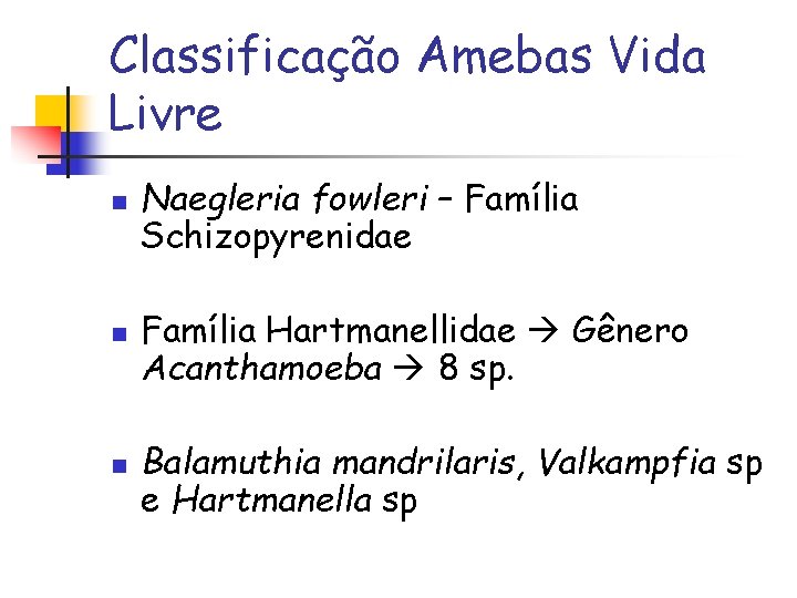 Classificação Amebas Vida Livre n n n Naegleria fowleri – Família Schizopyrenidae Família Hartmanellidae