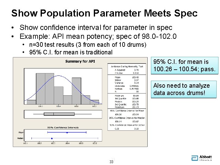 Show Population Parameter Meets Spec • Show confidence interval for parameter in spec •