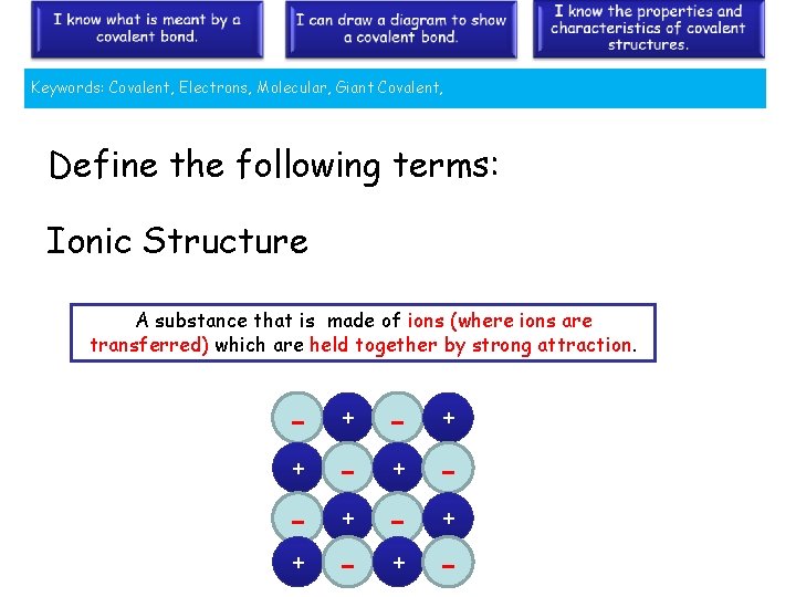Keywords: Covalent, Electrons, Molecular, Giant Covalent, Define the following terms: Ionic Structure A substance