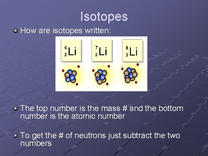 Isotopes How are isotopes written: The top number is the mass # and the