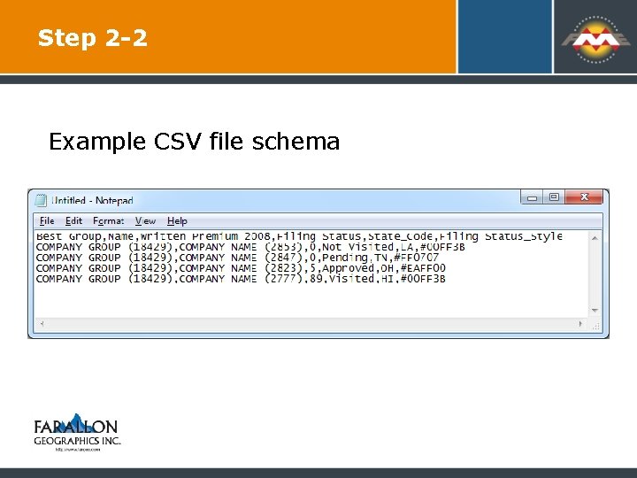 Step 2 -2 Example CSV file schema 