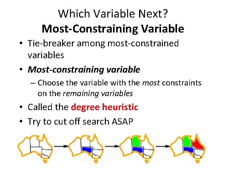Which Variable Next? Most-Constraining Variable • Tie-breaker among most-constrained variables • Most-constraining variable –