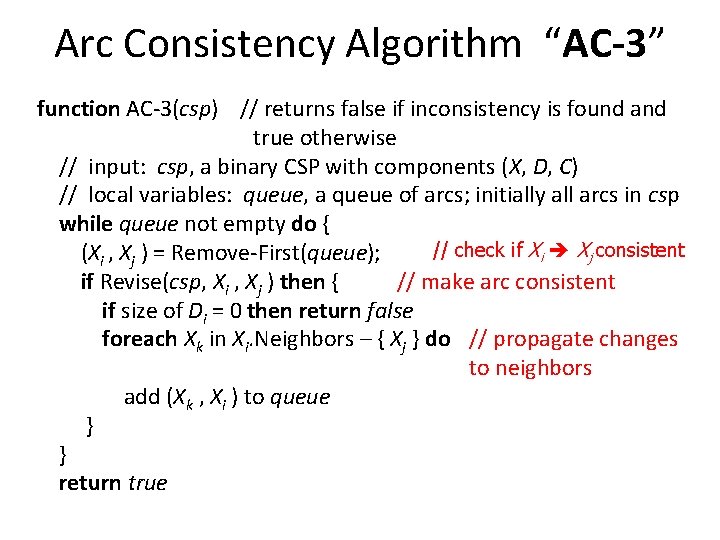 Arc Consistency Algorithm “AC-3” function AC-3(csp) // returns false if inconsistency is found and