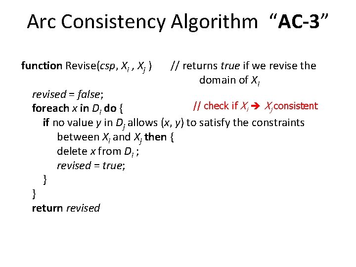 Arc Consistency Algorithm “AC-3” function Revise(csp, Xi , Xj ) // returns true if