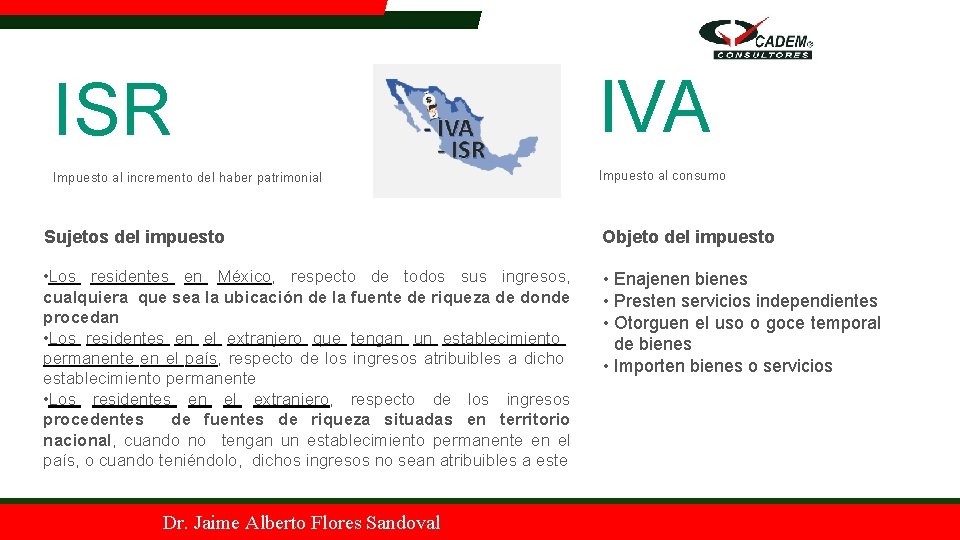 ISR IVA Impuesto al incremento del haber patrimonial Impuesto al consumo Sujetos del impuesto