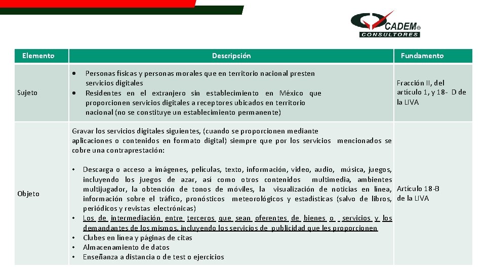 Elemento Descripción Sujeto Personas físicas y personas morales que en territorio nacional presten servicios