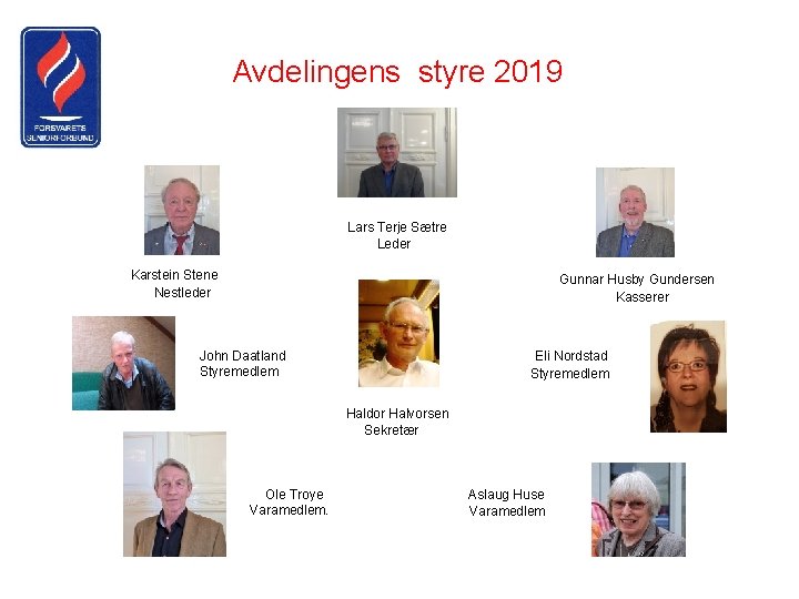 Avdelingens styre 2019 Lars Terje Sætre Leder Karstein Stene Nestleder Gunnar Husby Gundersen Kasserer