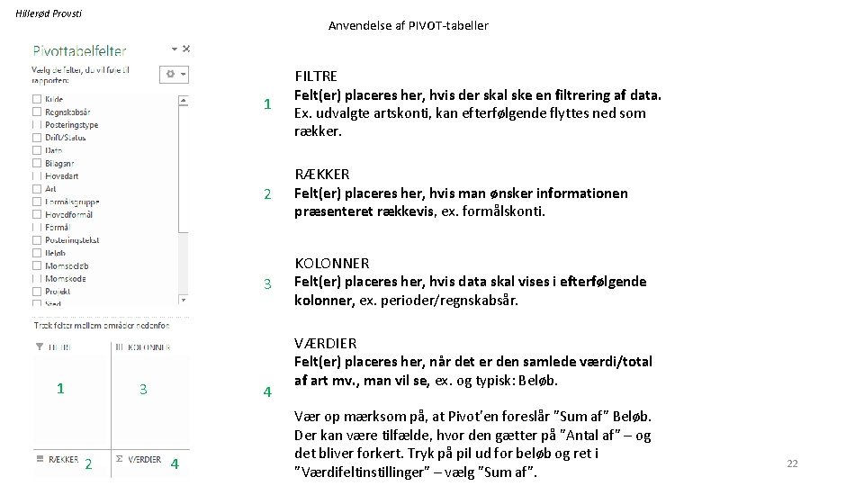 Hillerød Provsti Anvendelse af PIVOT-tabeller FILTRE 1 Felt(er) placeres her, hvis der skal ske