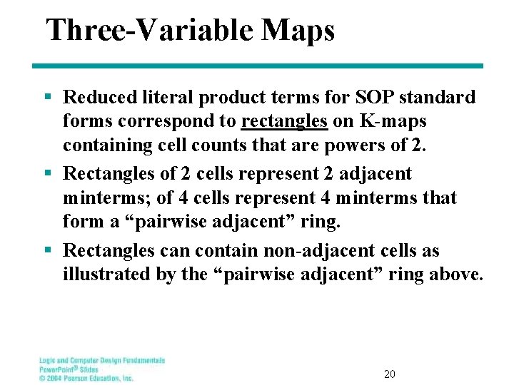 Three-Variable Maps § Reduced literal product terms for SOP standard forms correspond to rectangles