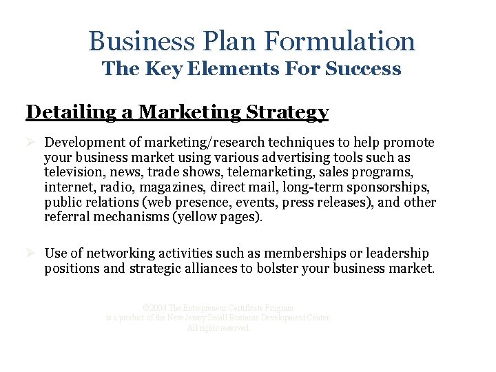 Business Plan Formulation The Key Elements For Success Detailing a Marketing Strategy Ø Development